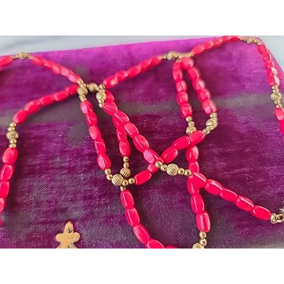 Red Glass And Gold Tone Metal Beaded Necklace, Vintage - Picture 7 of 10